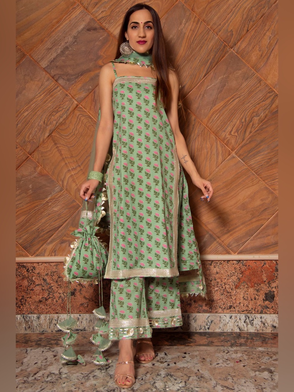 Mishika Green Cotton Hand Block Kurta Pant Set With Net Dupatta - Pomcha Jaipur
